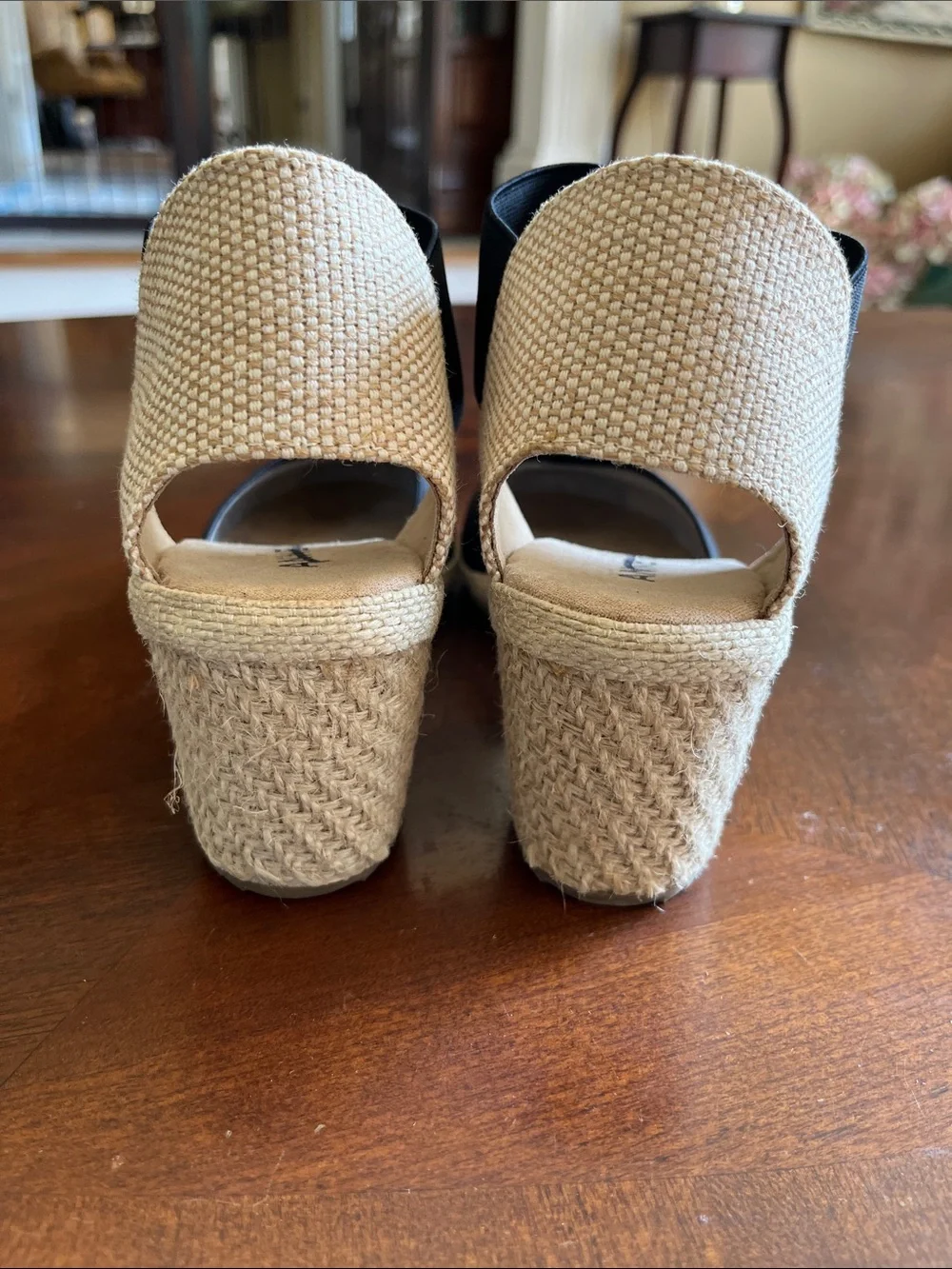 Anne Klein Black Elastic Ankle Espadrille Wedges